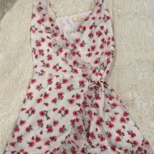 Sleeveless Floral Wrap Mini Dress - White with Pink Rose Print